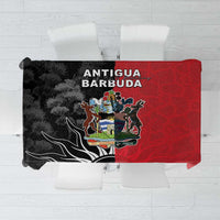 Red and black Antigua and Barbuda themed tablecloth with crest and beach graphics