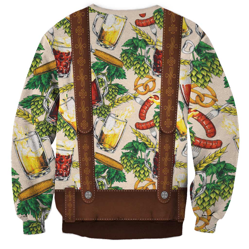 Unisex Oktoberfest lederhosen costume sweatshirt with beer-and-hops graphic and brown straps.