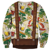 Unisex Oktoberfest lederhosen costume sweatshirt with beer-and-hops graphic and brown straps.