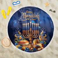 Blue round Hanukkah beach blanket with fringe, Happy Hanukkah and menorah graphic