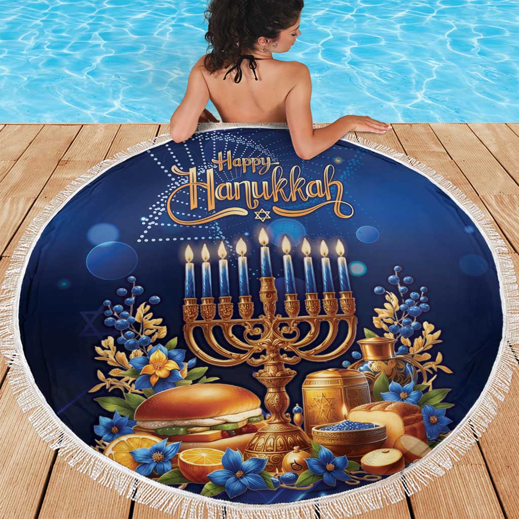 Blue round Hanukkah beach blanket with fringe, Happy Hanukkah menorah on deck