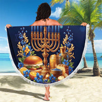 Blue Hanukkah beach blanket with fringe, held up showing Happy Hanukkah menorah