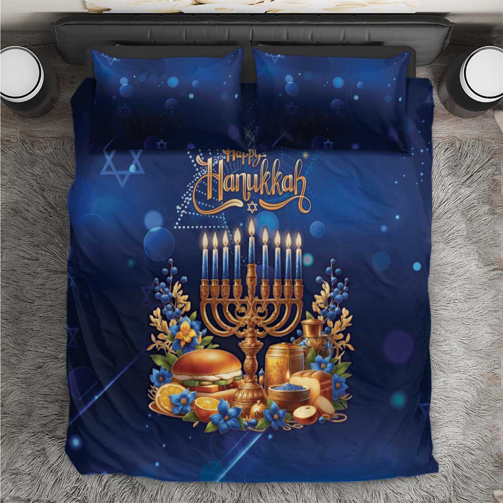 Blue Hanukkah bedding set with menorah, candles, and Happy Hanukkah design on duvet and pillows