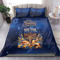 Blue Hanukkah bedding set featuring menorah and candles with Happy Hanukkah on duvet