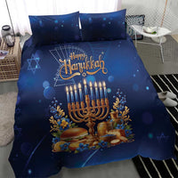 Blue Hanukkah duvet set with menorah, candles, and Happy Hanukkah greeting on blue fabric
