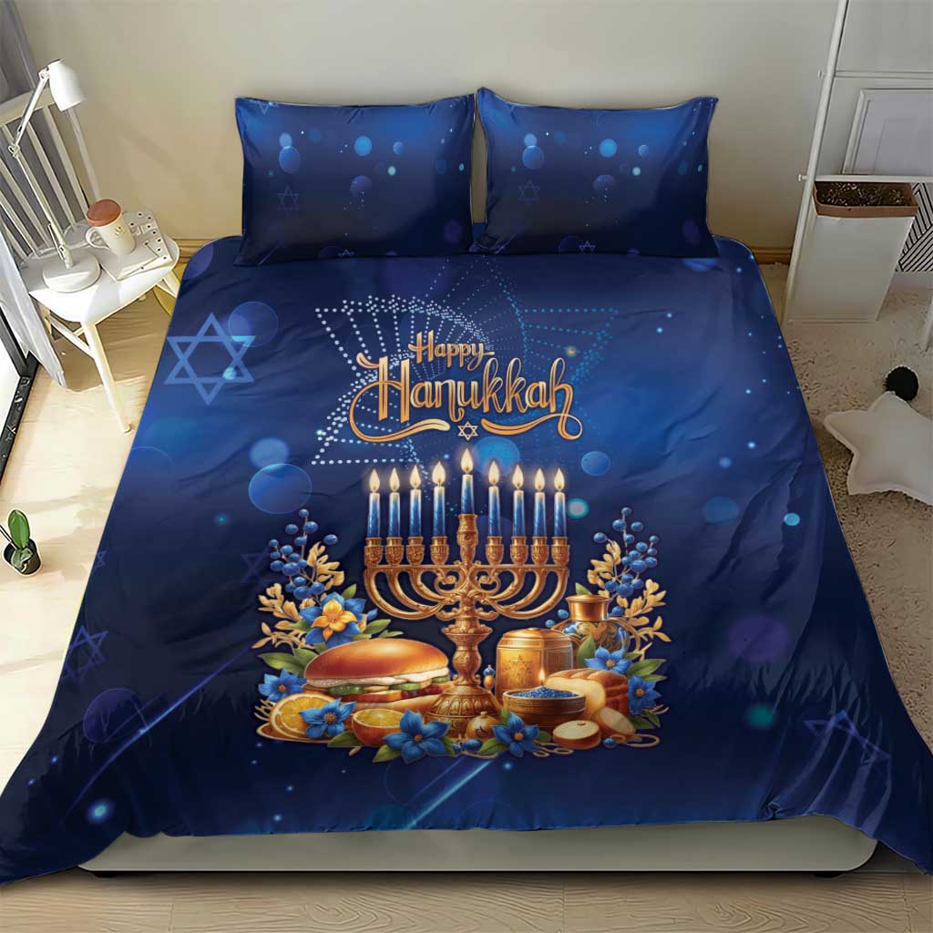 Blue Hanukkah bedding set with menorah and candles, Happy Hanukkah design on duvet
