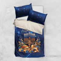 Blue Hanukkah duvet set with menorah, candles, and floral elements; includes two matching pillows