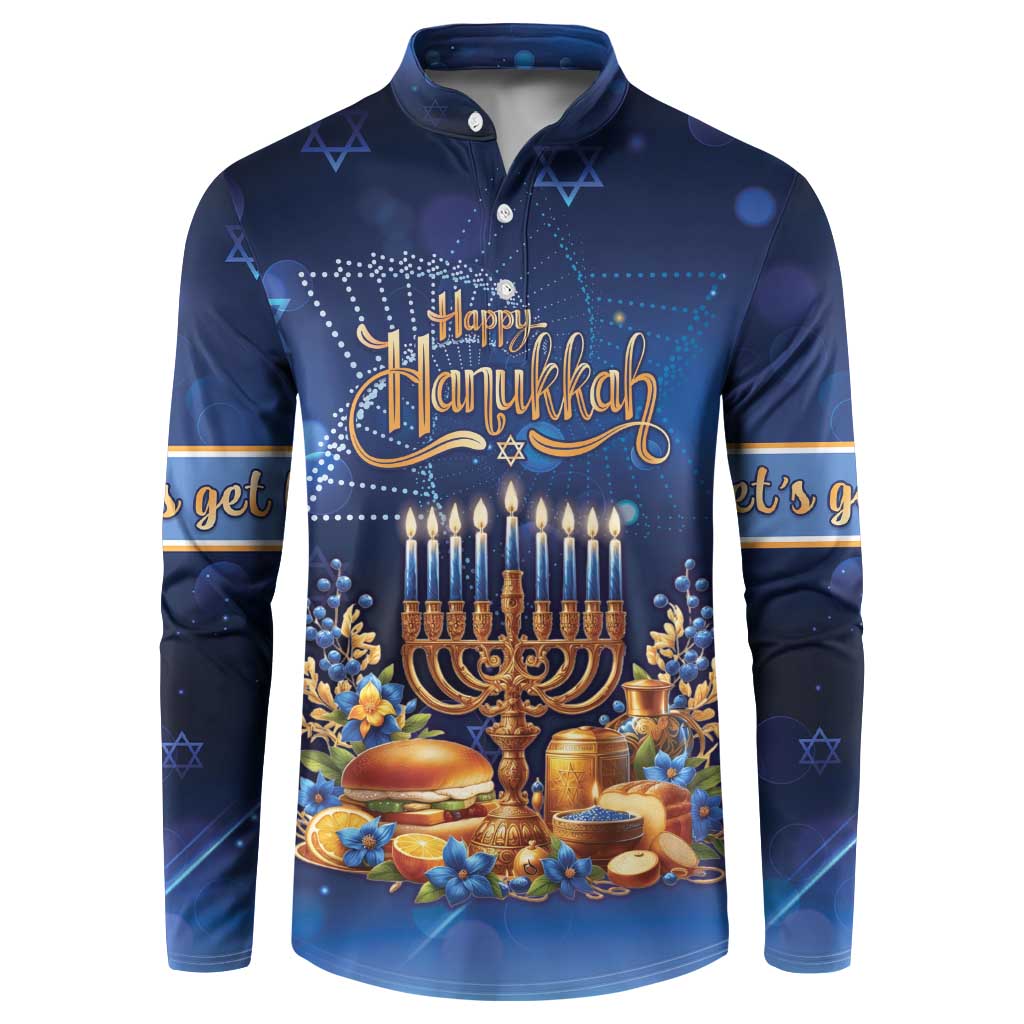 Blue button sweatshirt showing Happy Hanukkah menorah graphic with gold side stripes