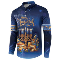 Blue button sweatshirt with Happy Hanukkah menorah graphic and gold festive text