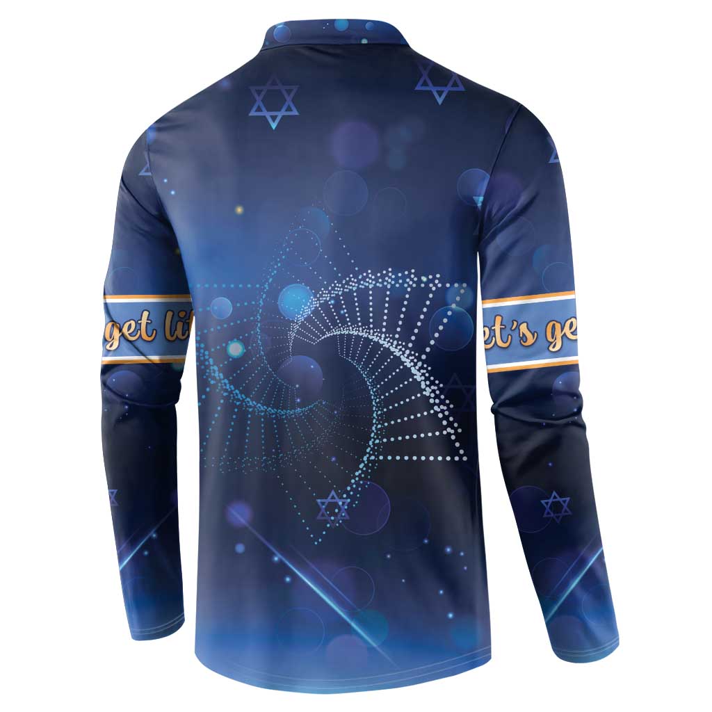 Blue button sweatshirt back with star-dot design and gold stripe sleeve cuffs