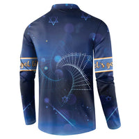 Blue button sweatshirt back with star-dot design and gold stripe sleeve cuffs