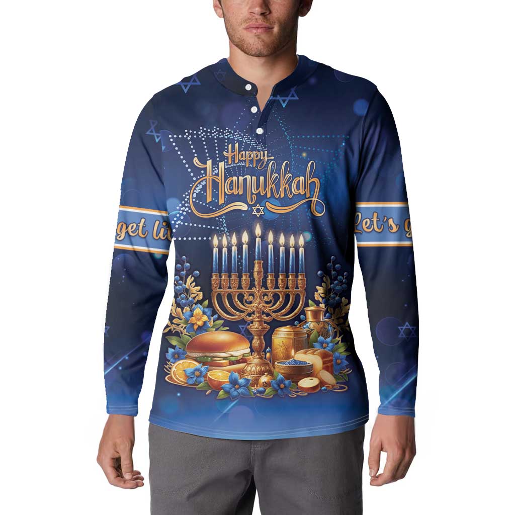Blue button sweatshirt on model with Happy Hanukkah menorah front print