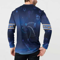 Blue button sweatshirt on model with back star patterns and gold sleeve stripes