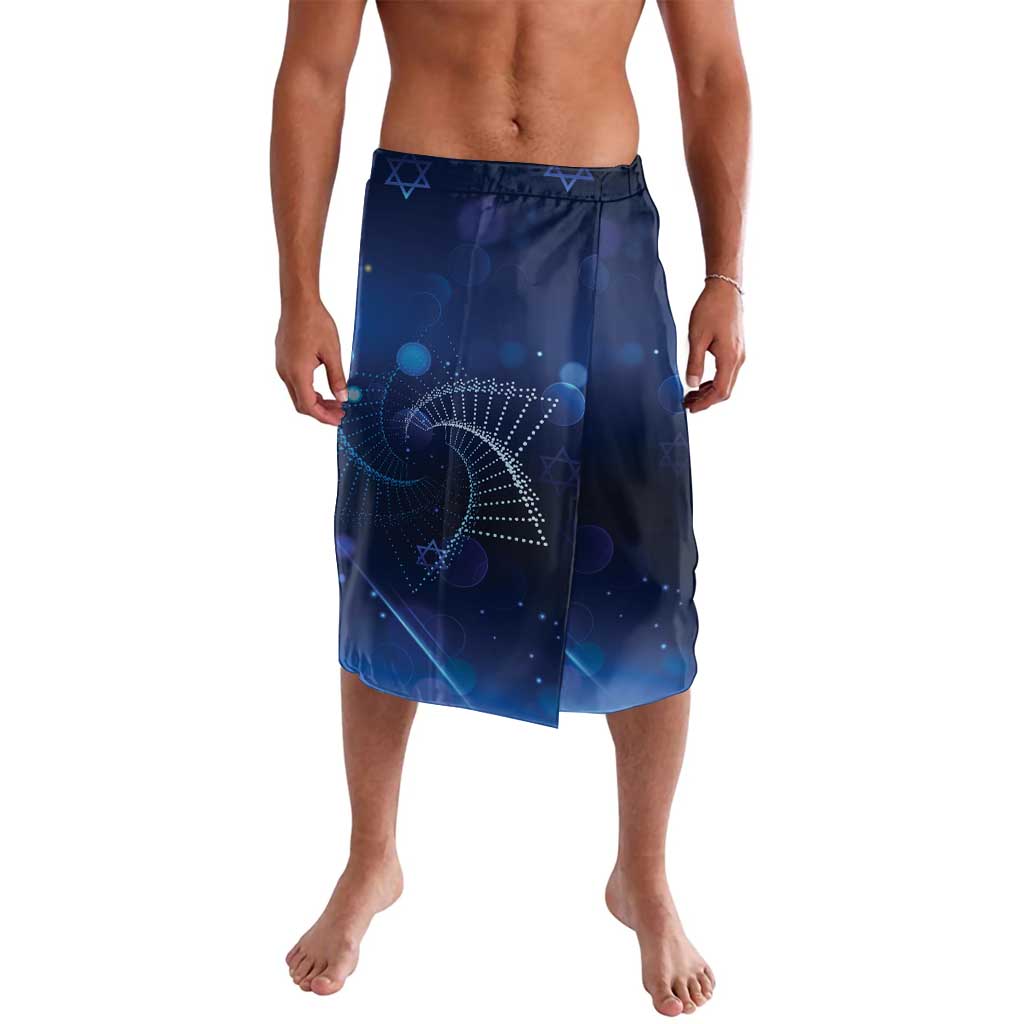 Blue printed sarong skirt with Hanukkah menorah and star motifs, elastic waistband