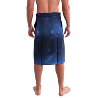 Blue printed sarong skirt with menorah and star motifs, rear view, elastic waistband