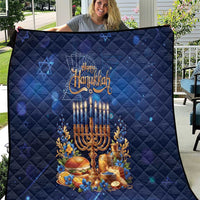 Blue Hanukkah festival quilt with menorah, candles, and Happy Hanukkah lettering