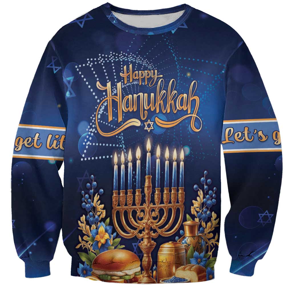 Blue unisex sweatshirt with Happy Hanukkah graphic, menorah and candles