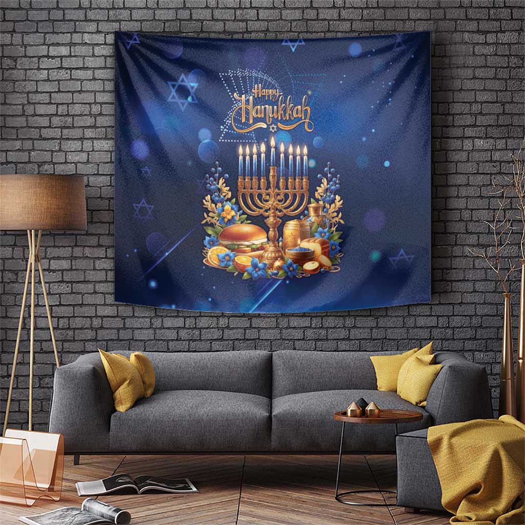 Blue Hanukkah tapestry with menorah, candles, and festive floral border