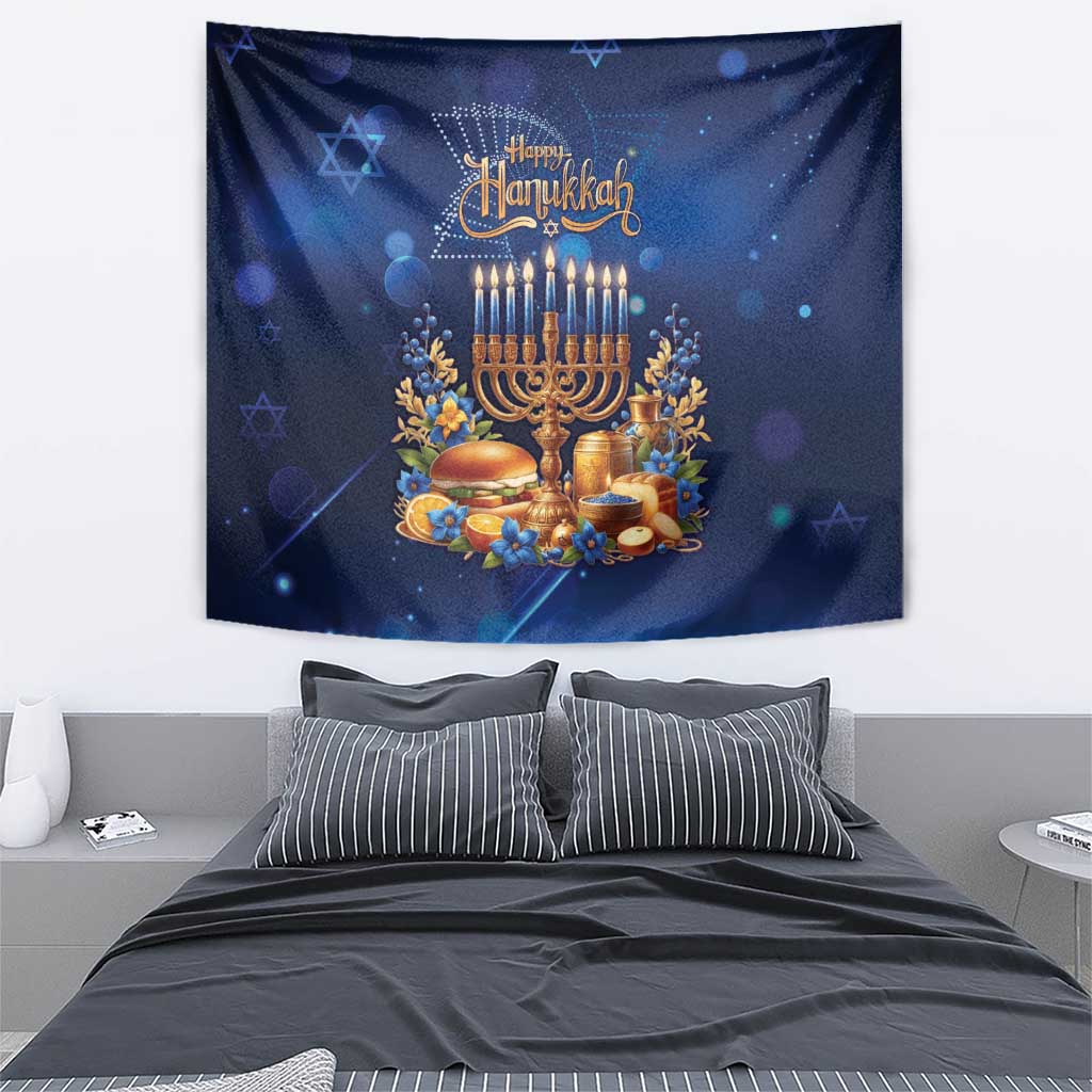 Blue Hanukkah wall tapestry featuring gold menorah and candles with floral details
