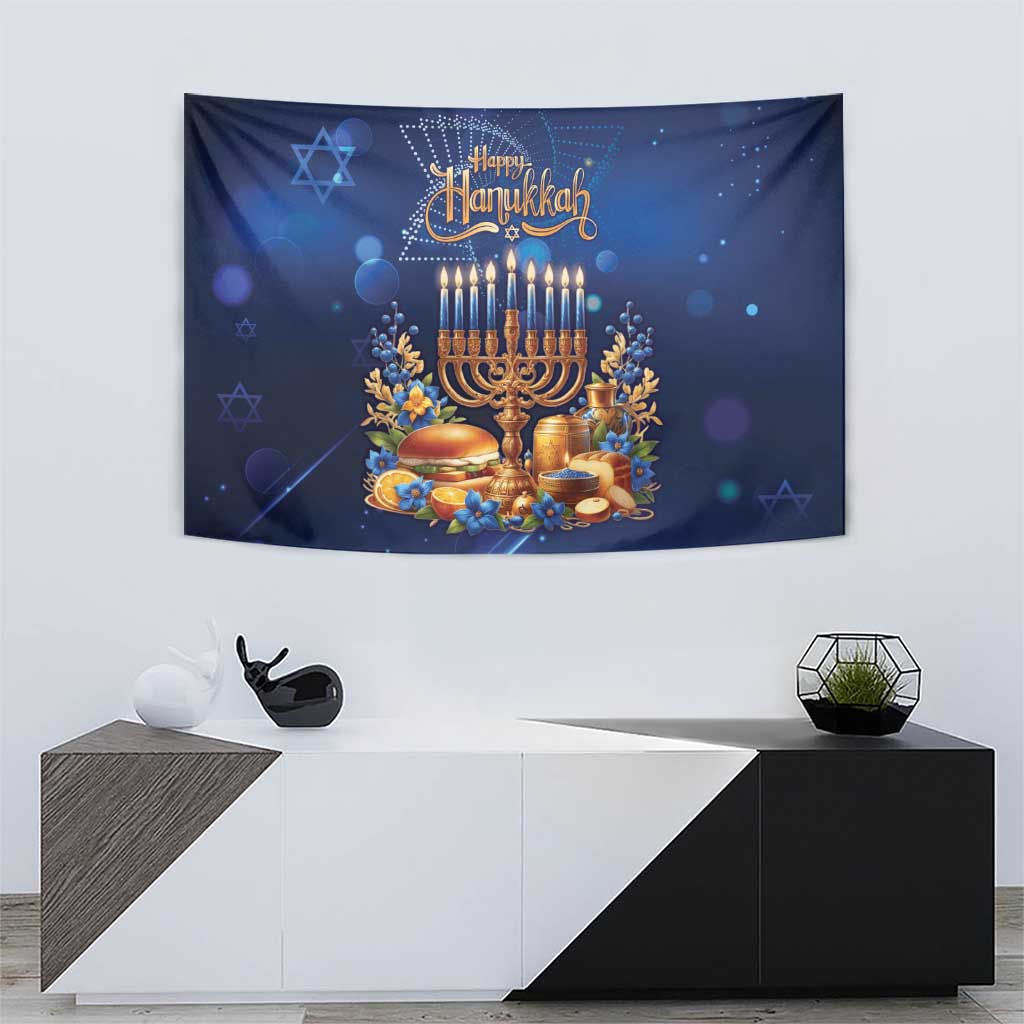 Blue Hanukkah tapestry with menorah, candles, and decorative flowers