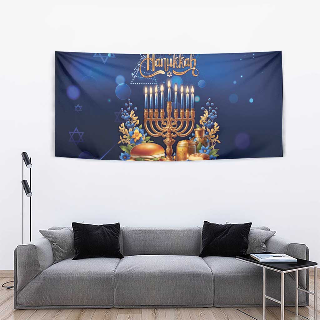 Blue Happy Hanukkah tapestry with menorah, candles, and gold floral design