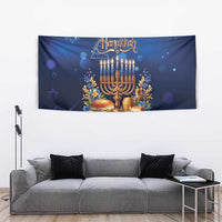 Blue Happy Hanukkah tapestry with menorah, candles, and gold floral design