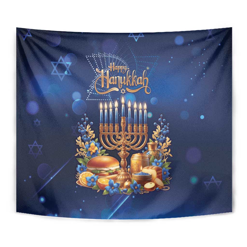 Blue Hanukkah tapestry close-up with gold menorah, candles, and decorative elements