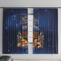 Blue Hanukkah window curtain with menorah, candles, fruit, and flowers; two panels.