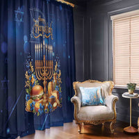 Blue Hanukkah curtain panels with menorah and candles plus Star of David motifs.