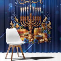 Blue Hanukkah curtain with large menorah, many candles, and gold floral decor; close view.