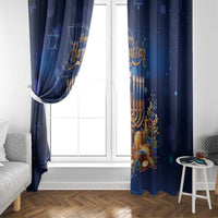 Blue Hanukkah window curtain with menorah and candles, Star of David symbols; side tie.