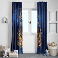 Blue Hanukkah window curtain set with menorah, candles, fruit, and floral accents; two panels.