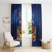 Blue Hanukkah window curtain panels with menorah candles and blue-and-gold floral details.