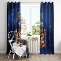 Blue Hanukkah curtain panels with menorah, candles, and Star of David; clip-top hanging.