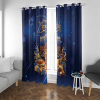 Blue Hanukkah window curtain with menorah and candles, floral accents, and fruit details; two panels.