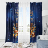 Blue Hanukkah curtain pair with menorah candles, fruit decorations, and Star of David motifs.