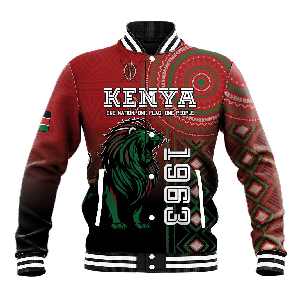 Red baseball jacket with KENYA text, lion emblem, varsity-style black buttons