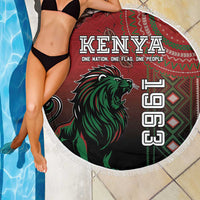 Round Kenya beach blanket, red lion and flag print with white fringe, by poolside