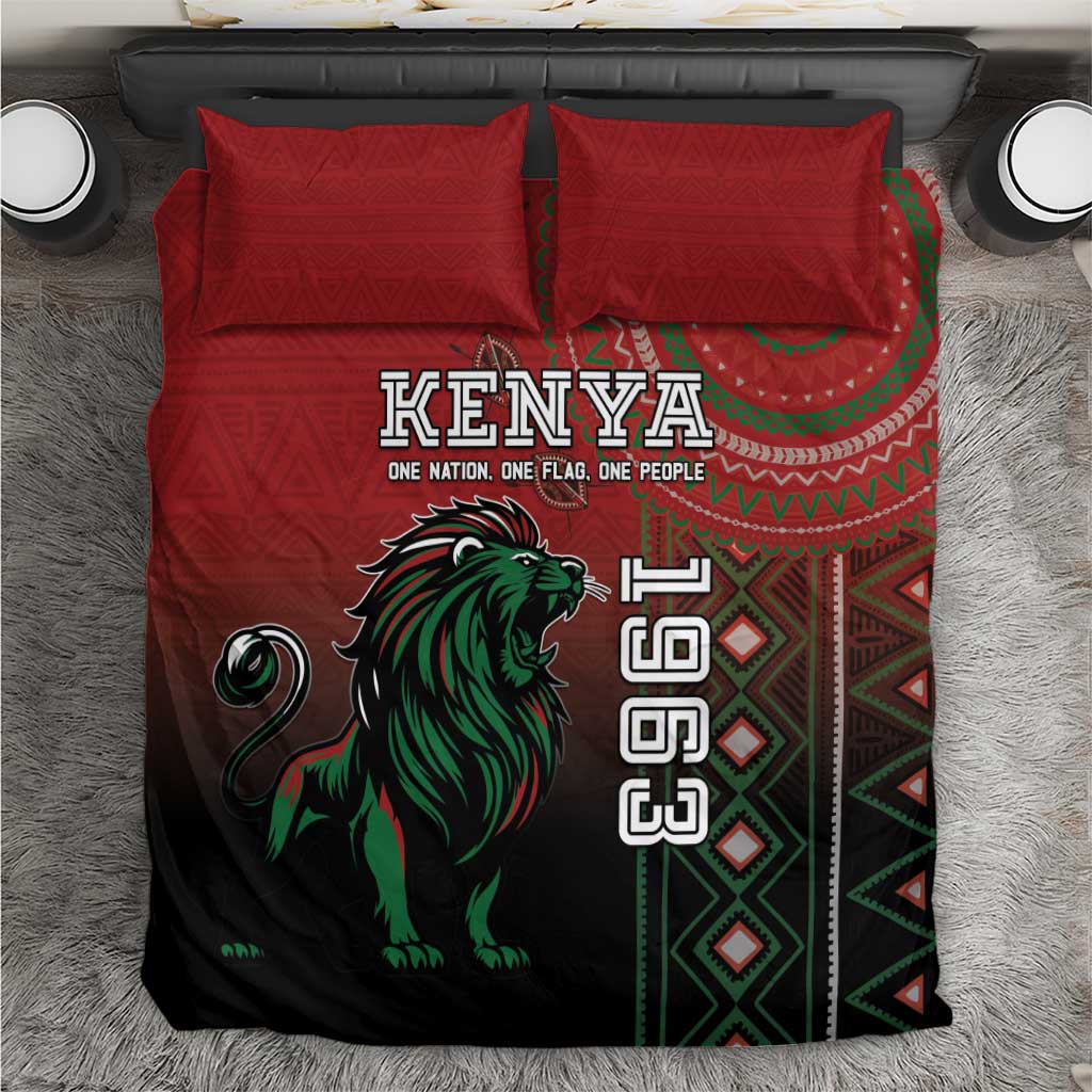 Red and black bedding set with lion crest, Kenya text, geometric panel, two pillows
