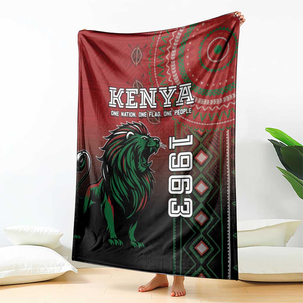 Kenya Jamhuri Day blanket draped, red and dark with green lion and Kenya text