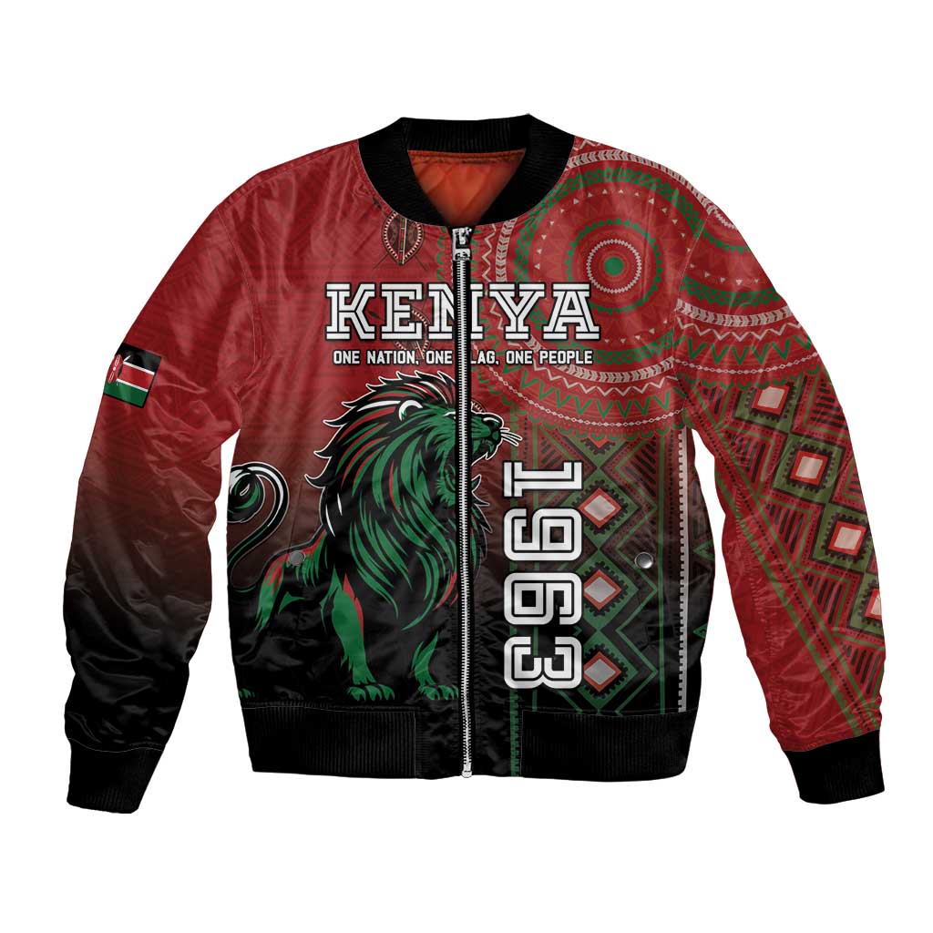 Red bomber jacket with bold Kenya graphic front, ribbed cuffs, and black trim