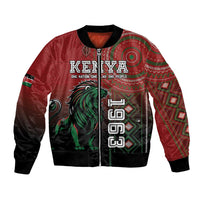 Red bomber jacket with bold Kenya graphic front, ribbed cuffs, and black trim