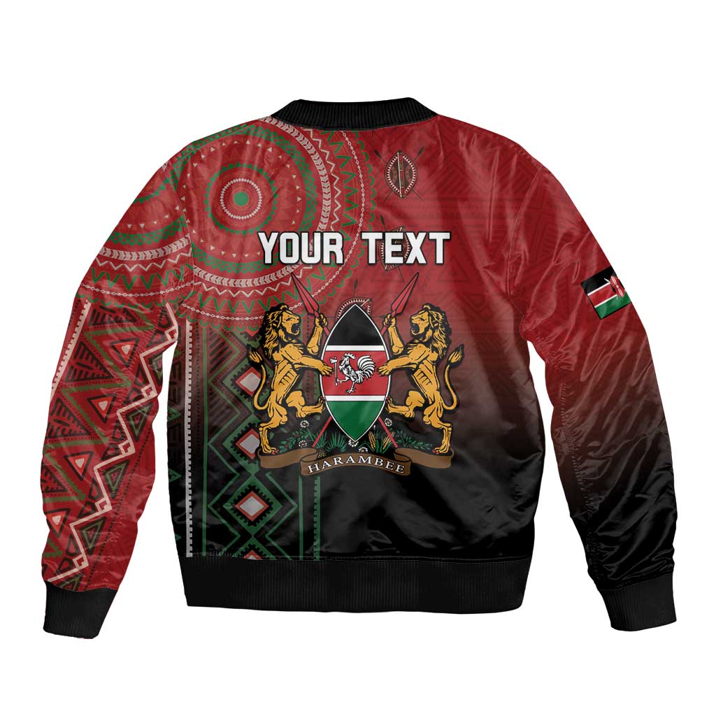Red bomber jacket with back graphic panel, lions crest, ribbed hem, and black trim