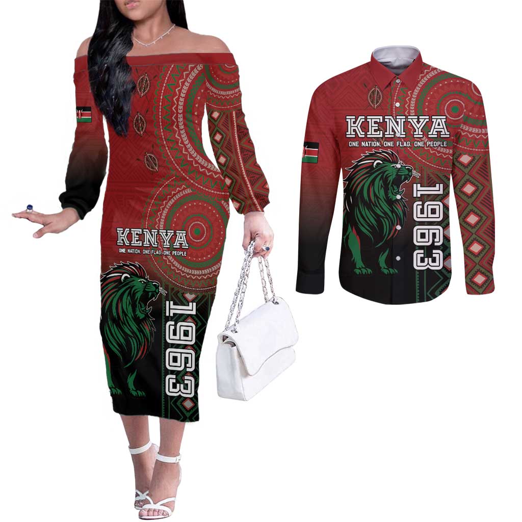 Personalised Kenya Jamhuri Day Couples Matching Off The Shoulder Long Sleeve Dress and Long Sleeve Button Shirt One Nation One Flag One People