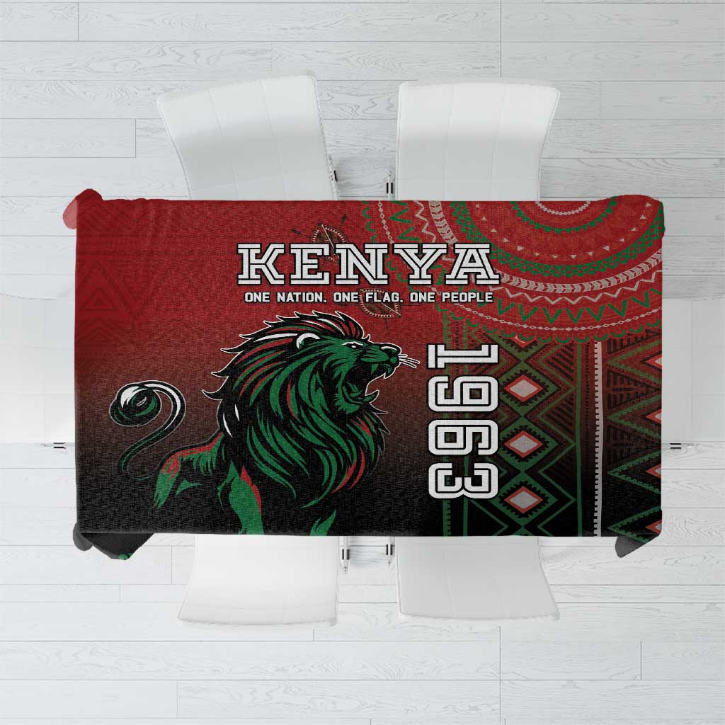 Red tablecloth with Kenya lion and green tribal geometric patterns, rectangular design