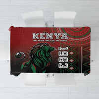 Red tablecloth with Kenya lion and green tribal geometric patterns, rectangular design