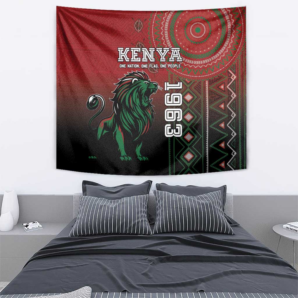 Kenya wall tapestry featuring red, green lion emblem, and geometric border accents