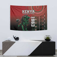 Kenya wall tapestry with red top, green lion graphic, and patterned side panels
