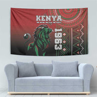 Kenya tapestry showing red, green lion artwork, vertical text, and geometric trim