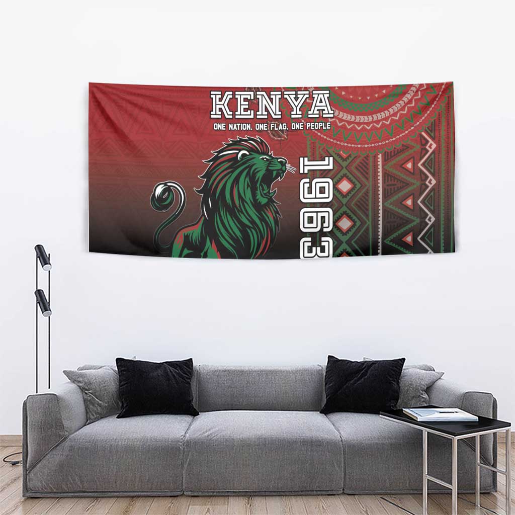 Kenya flag style tapestry with red field, green lion, and repeating decorative motifs